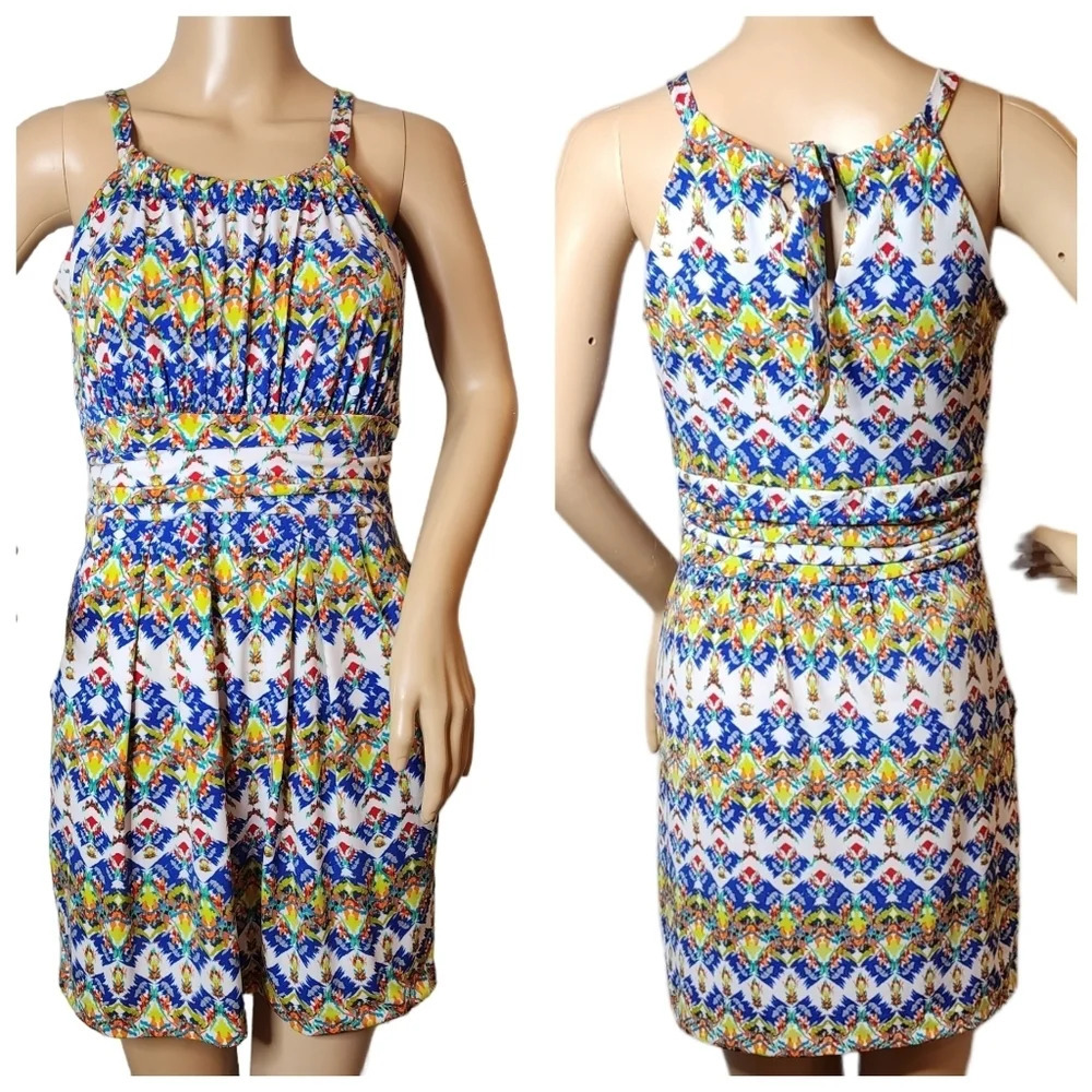Kenar sleeveless ruched stretch multicolored dress with pockets.